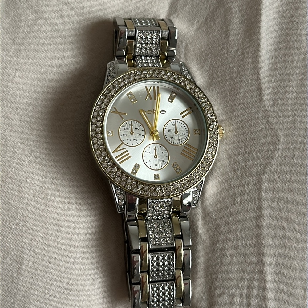 Bebe Silver and Gold Women's Watch with cocktail clutch